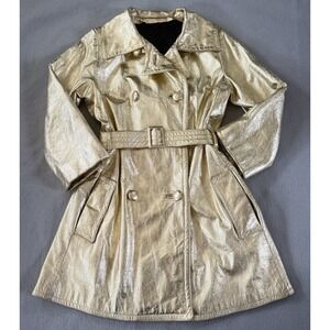 Metallic Gold Soft Leather Double Breasted Trench Coat Belted Mod Glam VTG 60s